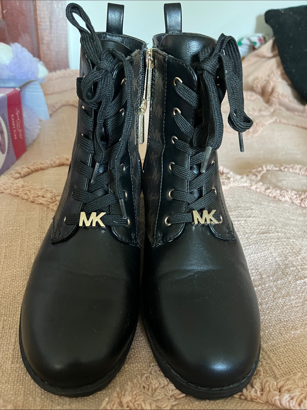 Michael Kors ladies Black Lace-Up Ankle Boots with Gold MK Accent